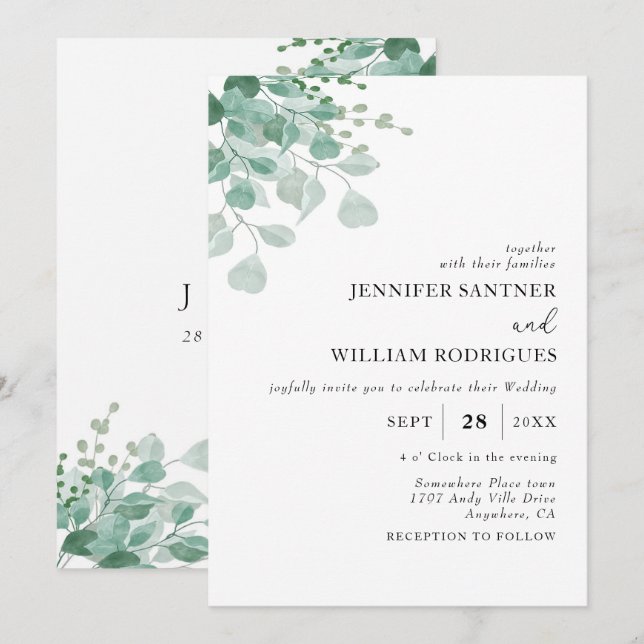 Budget Watercolor Grönt Eucalyptus Bröllop Inbjudningar (Fram/baksida)
