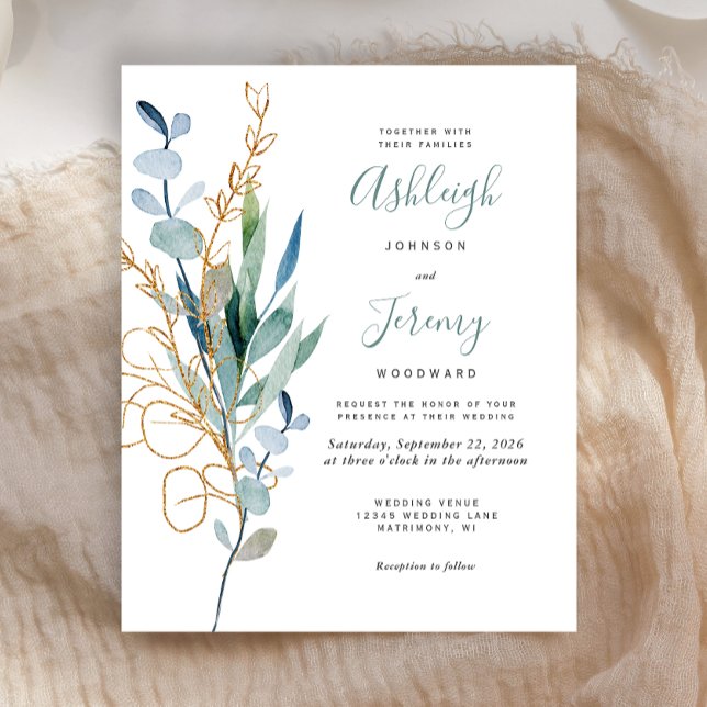 Budget Watercolor Guld Eucalyptus Wedding bjudande (Skapare uppladdad)