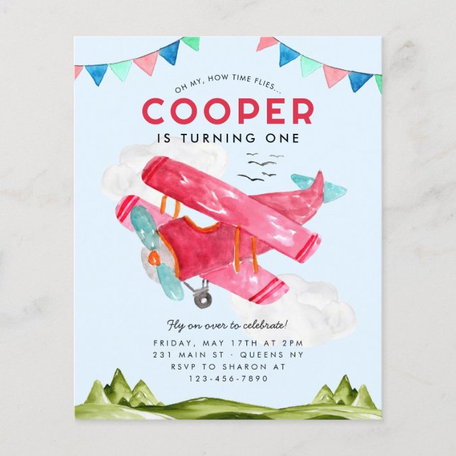 Budget Watercolor Himlar Clouds Red Airplane Birda (Framsida)