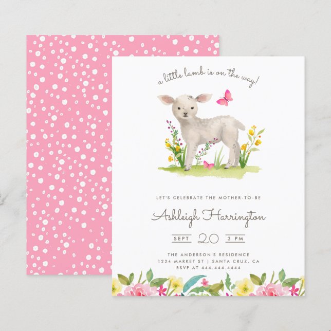 Budget Watercolor Lamb Vår Meadow Baby Shower (Fram/baksida)