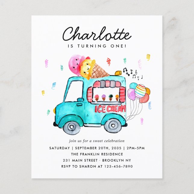 Budget Watercolor Lastbil Balloon Ice Cream Birthd (Framsida)