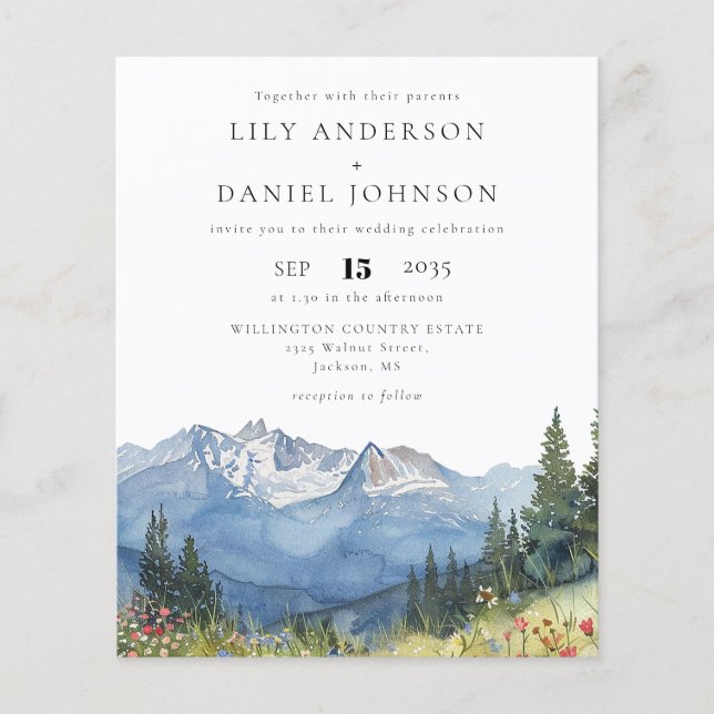 Budget Watercolor Mountain Wedding bjudande (Framsida)