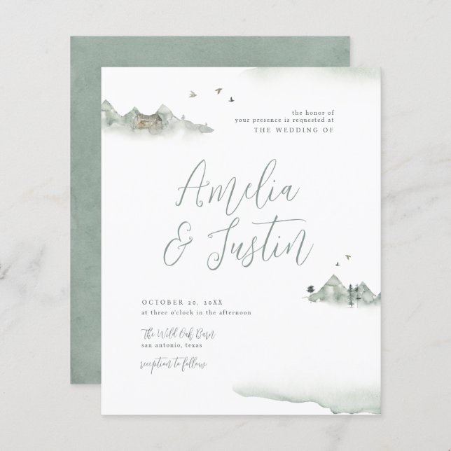 Budget Watercolor Mountains Destination Wedding (Fram/baksida)