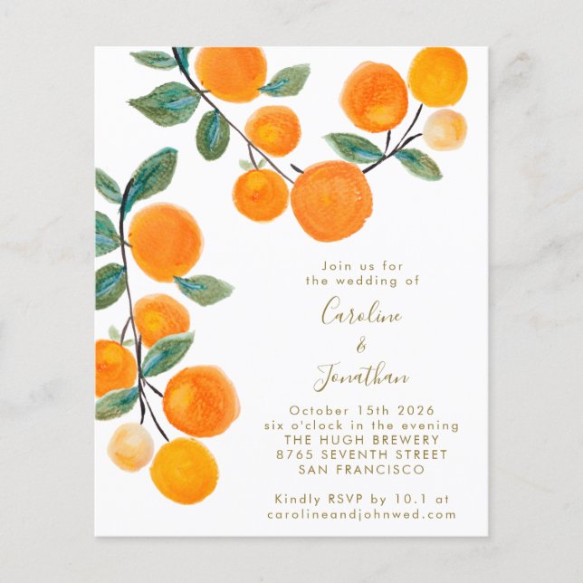 Budget Watercolor Orange Citrus Fruit Bröllop (Framsida)