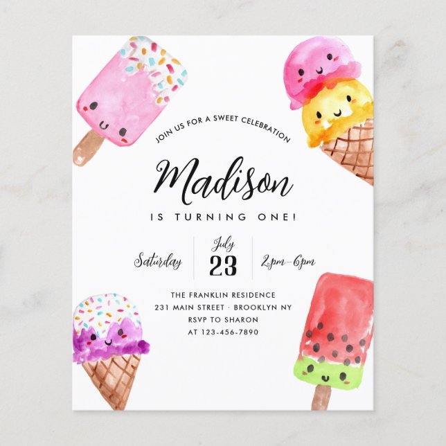 Budget Watercolor Popsicle Cone Ice Cream Birthday (Framsida)