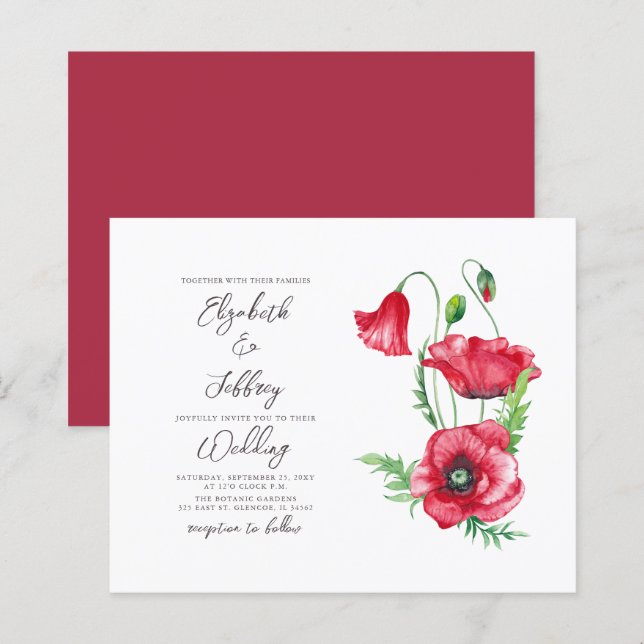 Budget Watercolor Red Poppy Wedding-inbjudan (Fram/baksida)