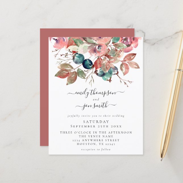 Budget Watercolor Rosa Blommigts Wedding bjudning (Fram/Back In Situ)