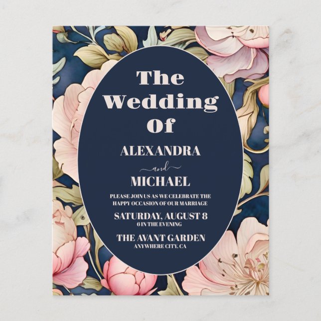 Budget Watercolor Rosa Peony Art nouveau Bröllop (Framsida)