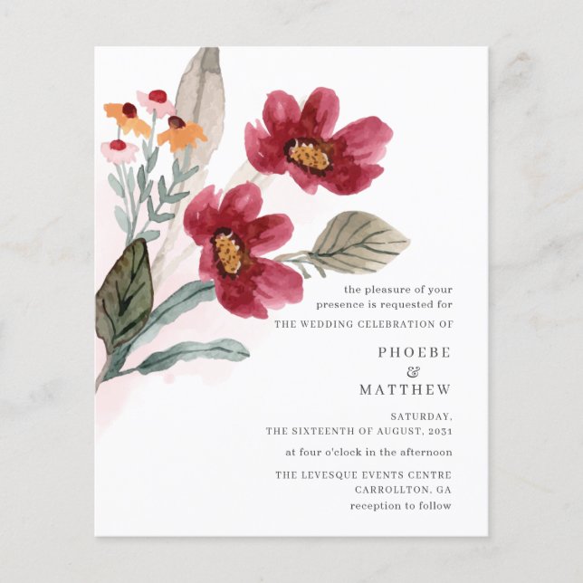 Budget Watercolor Rustic Burgundy Blommigt Bröllop (Framsida)