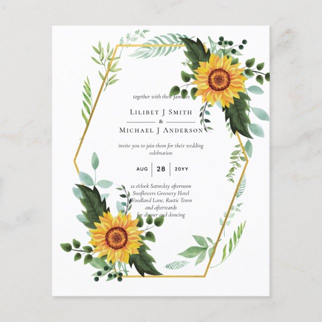 BUDGET Watercolor SUNFLOWERS Greenery Bröllop Flygblad (Framsidan)