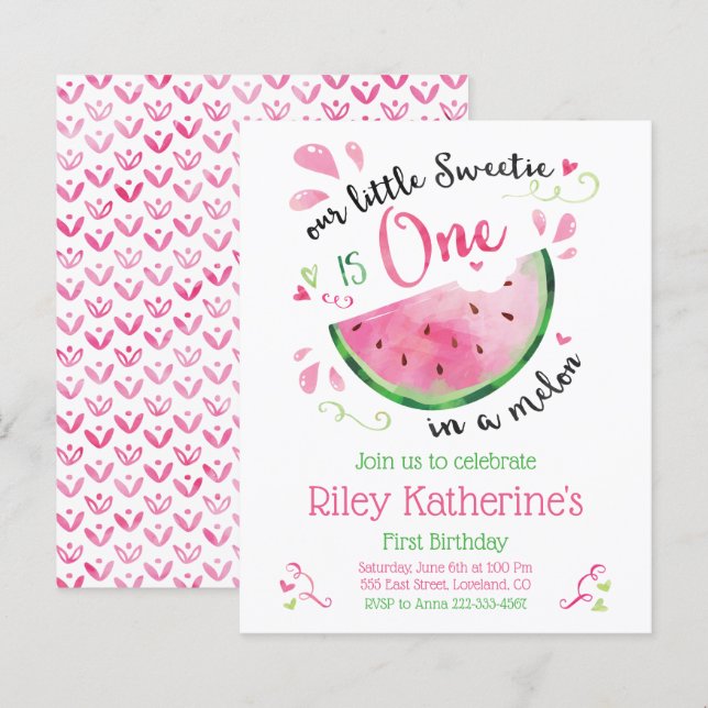 Budget Watermelon First Birthday Sommarinbjudan (Fram/baksida)