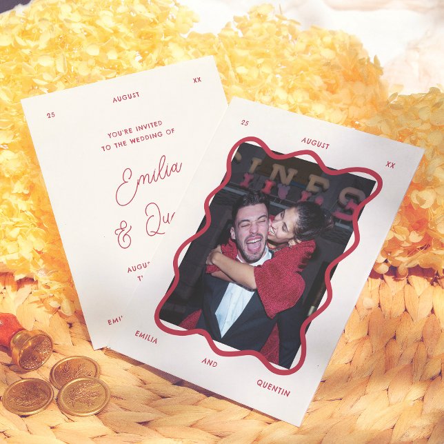 Budget Wavy Frame Retro Photo Wedding Invitation (Skapare uppladdad)