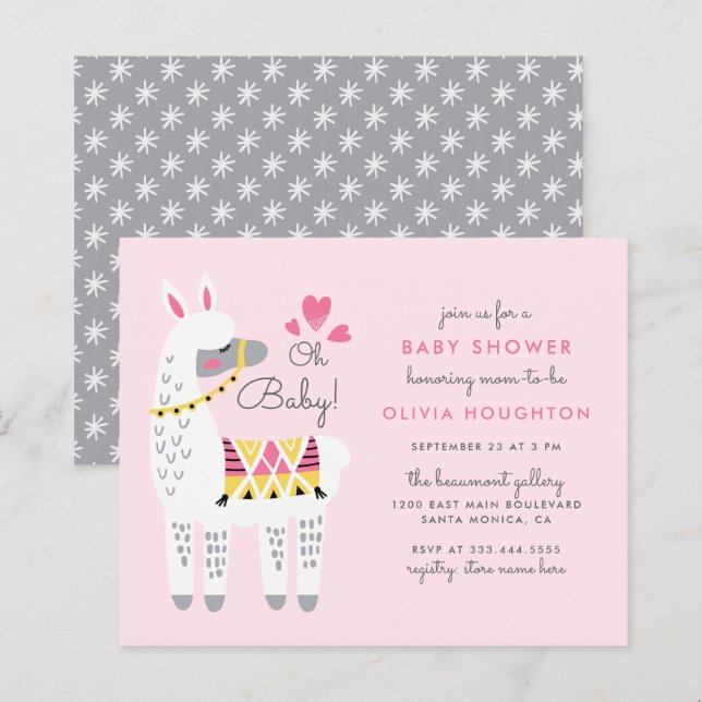 Budget Whimsical Pastel Rosa Llama Oh Baby Shower (Fram/baksida)