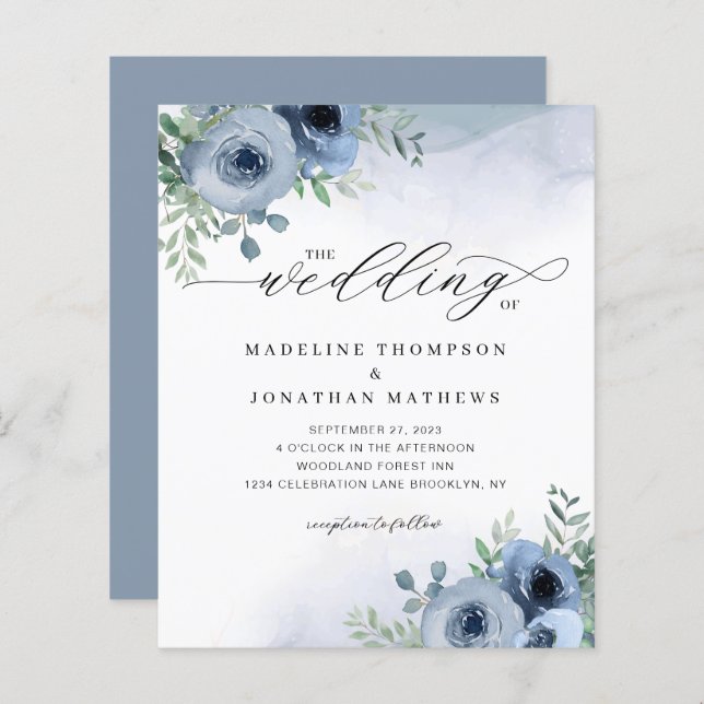 BUDGET Whimsical Script Blommigt Dusty Blue Bröllo (Fram/baksida)