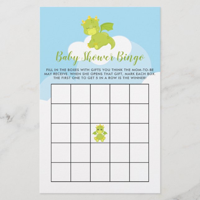 Budget Whimsious Boy Dragon Baby Shower Bingo Card (Framsida)