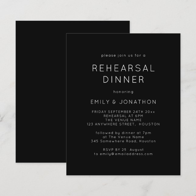 Budget White Black Rehearsal Dinner Wedding bjudan (Fram/baksida)