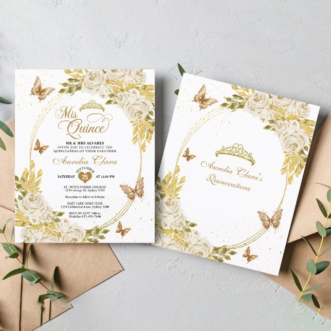 BUDGET White Blommigt Guld Butterfly Quinceañera (Skapare uppladdad)