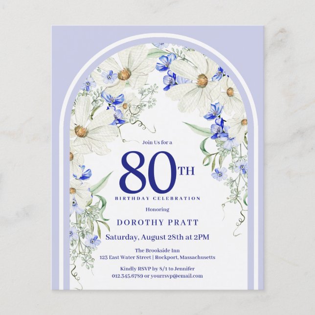Budget White Blue Blommigt Arch 80 Birthday Inbjud (Framsida)