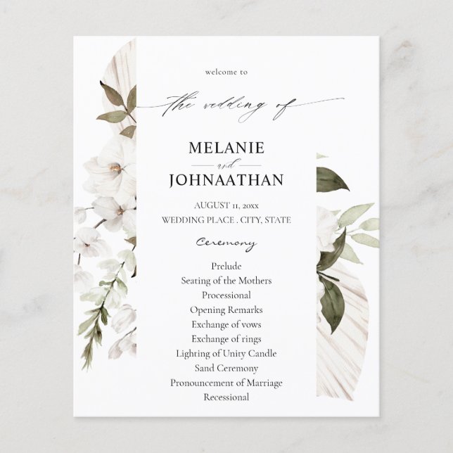 Budget White Boho Blommigt Bröllop Ceremony Flygblad (Framsidan)