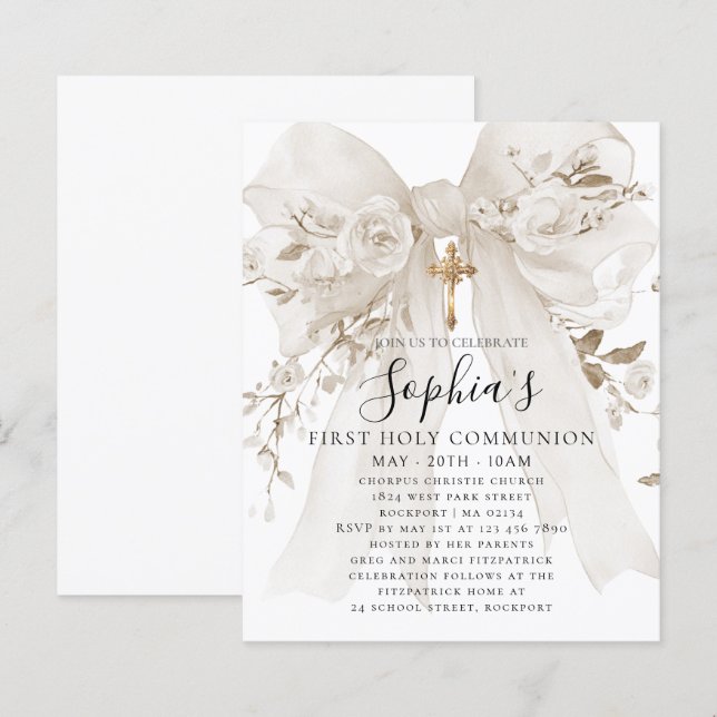 BUDGET White Bow Rose First Communion Invite (Fram/baksida)
