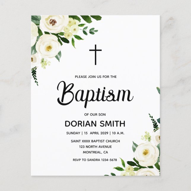 Budget White Floral Boy Baptism invitation (Framsida)