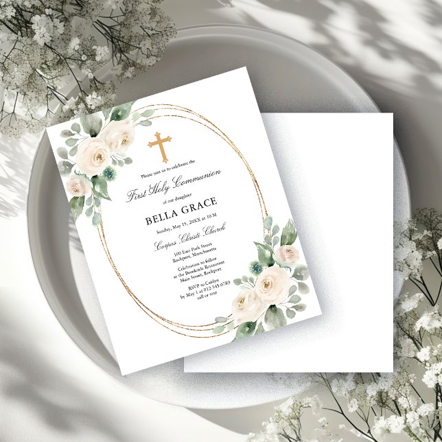 Budget White Floral First Communion Invitation (Skapare uppladdad)