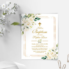 Budget White Flowers & Guld Baptism-inbjudan