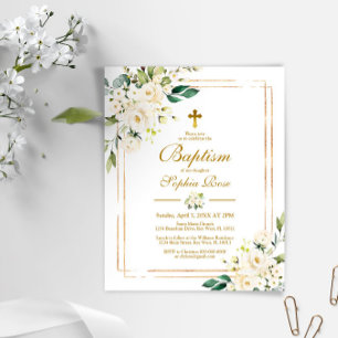 Budget White Flowers & Guld Baptism-inbjudan