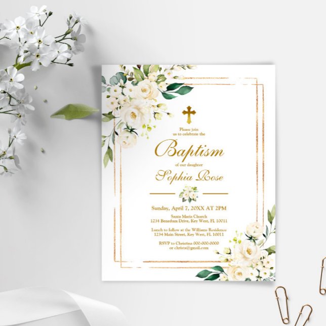 Budget White Flowers & Guld Baptism-inbjudan (Skapare uppladdad)