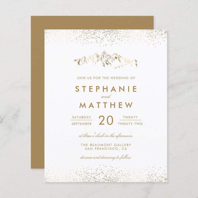 Budget White & Gold Foil Confetti Mountain Bröllop (Fram/baksida)