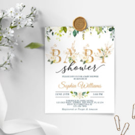 Budget White & Guld Eucalyptus Baby Shower Inbjuda