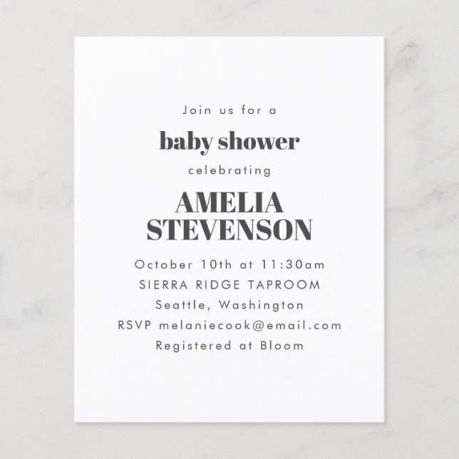 Budget White Minimalist Baby Shower-inbjudan (Framsida)