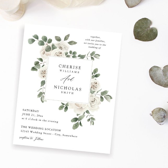Budget White Soft Blommigt & Eucalyptus Bröllop Flygblad (Skapare uppladdad)