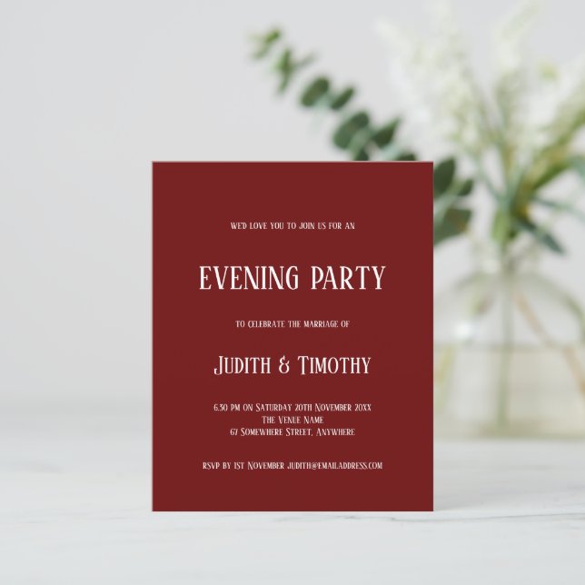 Budget White Text Burgundy Evening Party Inbjudan (Stående Fram)