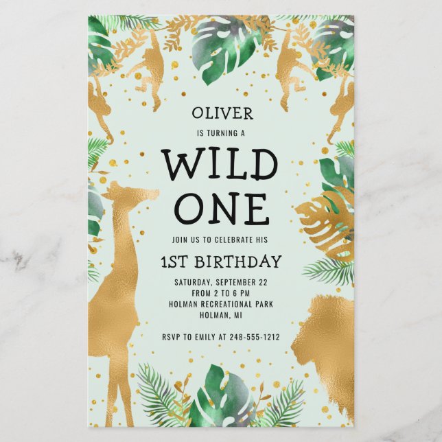 Budget Wild One Grön Guld Safari Inbjudan (Framsida)