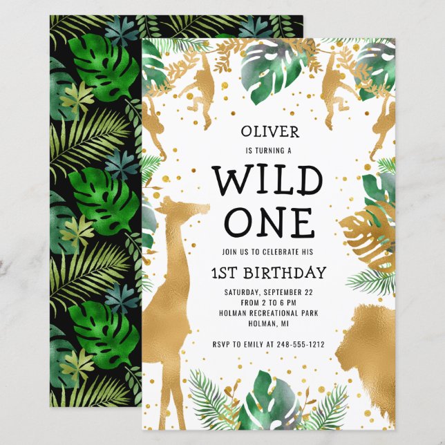 Budget Wild One Safari 1-års födelsedagsinbjudan (Fram/baksida)