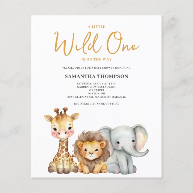 Budget Wild One Safari Bebis Shower Inbjudan Flygblad (Framsidan)