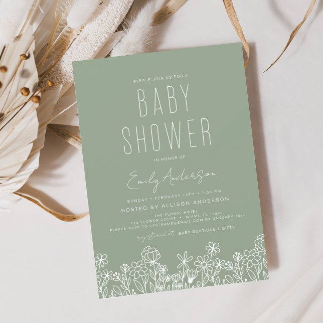 Budget Wildblomma Boho Baby Shower Sage Grönt Flygblad (Skapare uppladdad)