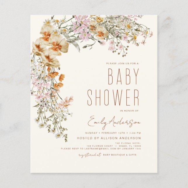 Budget WildblommBoho Baby Shower Terracotta Flygblad (Framsidan)