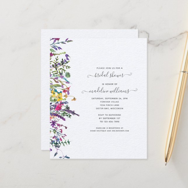 BUDGET Wildblommor Blommigt Inbjudningskort för mö (Fram/Back In Situ)