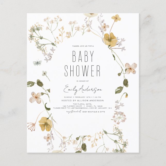 Budget Wildblommor Boho Baby Shower Elegant Modern Flygblad (Framsidan)