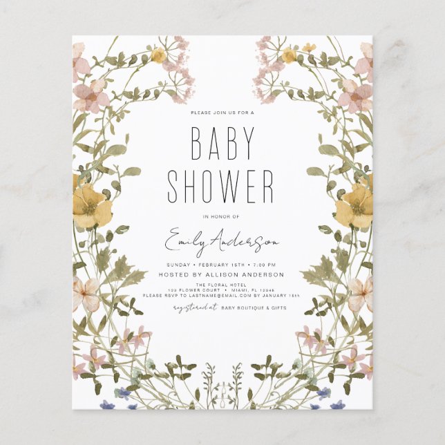 Budget Wildblommor Boho Baby Shower Elegant Modern Flygblad (Framsidan)