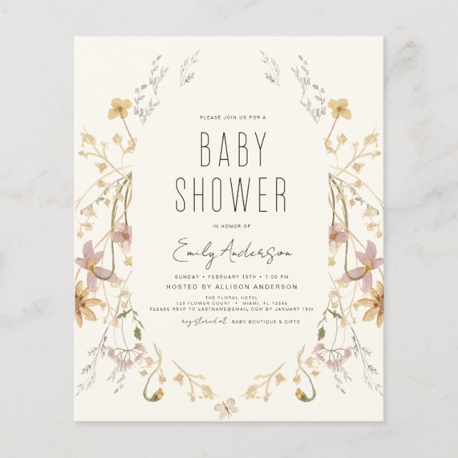 Budget Wildblommor Boho Baby Shower Elegant Modern Flygblad (Framsidan)