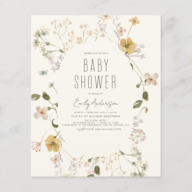 Budget Wildblommor Boho Baby Shower Elegant Modern Flygblad (Framsidan)