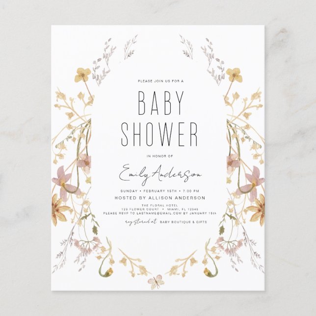 Budget Wildblommor Boho Baby Shower Elegant Modern Flygblad (Framsidan)