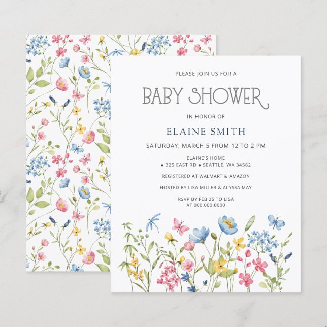 Budget Wildblommor Vår Baby Shower-inbjudan (Fram/baksida)
