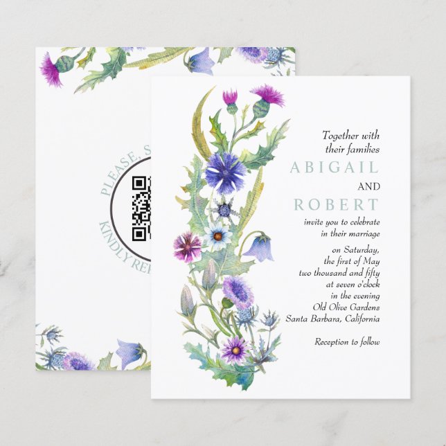BUDGET Wildflower QR-kod bröllopsinbjudan (Fram/baksida)