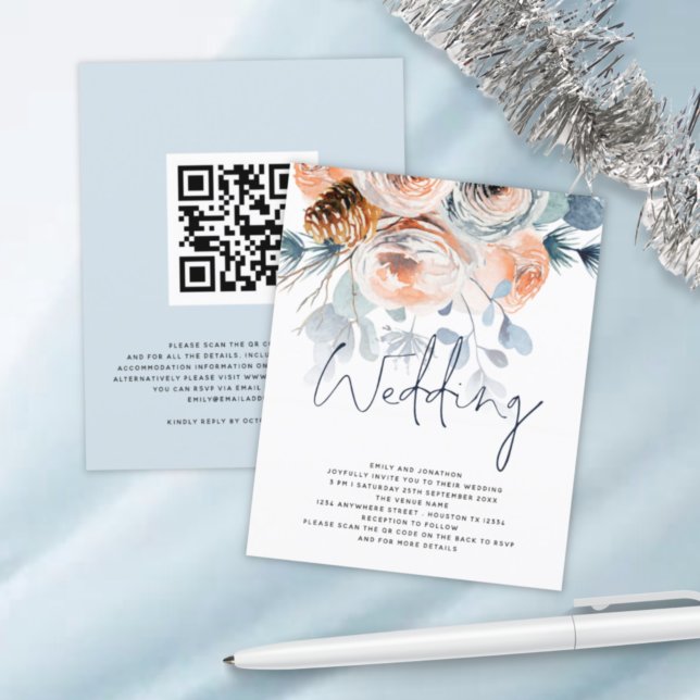 BUDGET Winter Blommigts QR Code Wedding bjudande (Skapare uppladdad)