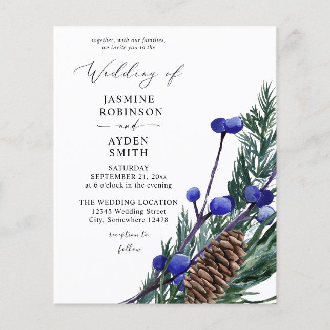 Budget Winter Blue Berries & Gräs Greenery Bröllop Flygblad (Framsidan)