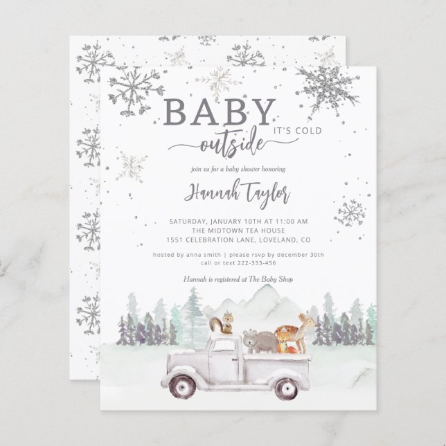 Budget Winter Woodland Baby Shower-inbjudan (Fram/baksida)